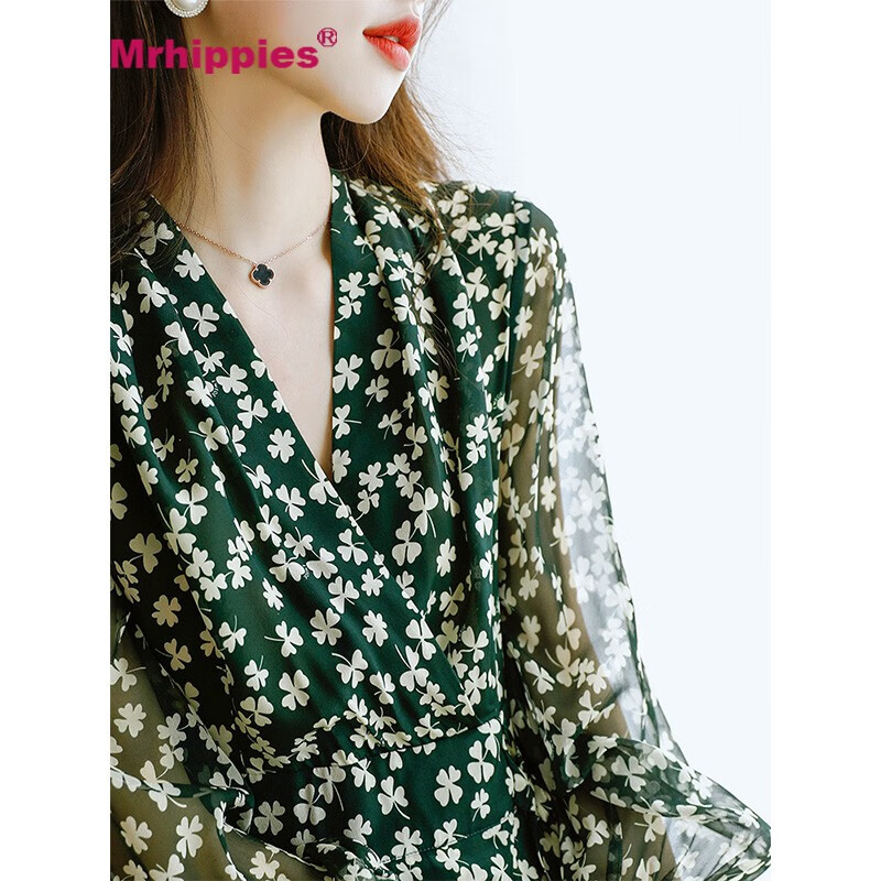 Mrhippies light luxury brand women's dress French elegant tea break niche design dress small children's spring new Korean long sleeve slim aging Chiffon floral skirt