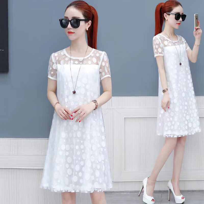 Dress women's summer dress 2022 new Korean version loose medium length lace temperament mesh small A-shaped skirt