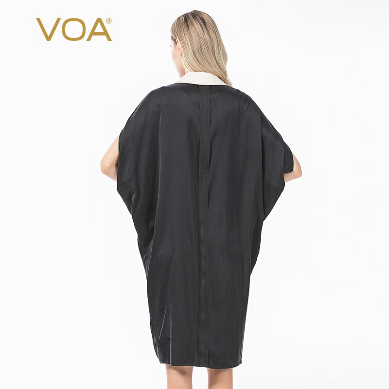 VOA black mulberry silk satin irregular contrast color Lapel raglan sleeve single row button o cocoon home dress AJ027