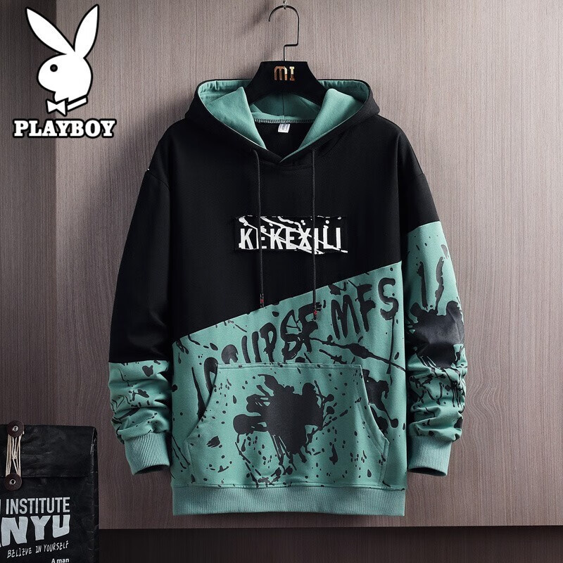 Playboy sweater men's spring and autumn 2022 new trend color matching loose hooded coat men's street printed top
