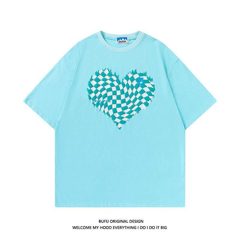 A chock chaopai high street European and American street hip hop hundreds of millions of young people sweet cool style love checkerboard lattice short sleeve t-shirt men's and women's style summer couple style fried Street selected quality