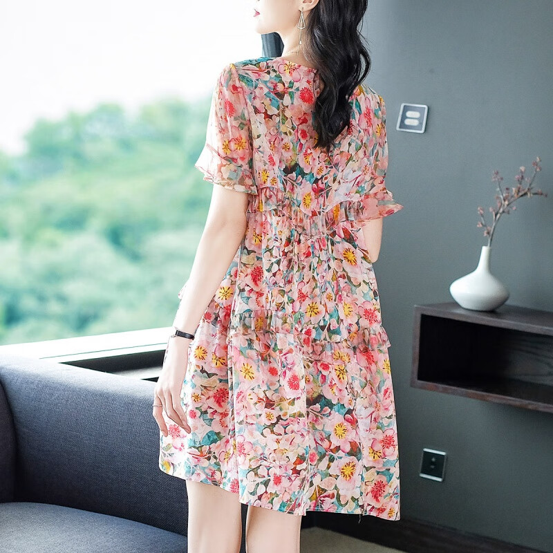 Trends road light luxury high-end brand silk dress women's new summer original design women's loose temperament medium long mulberry silk floral skirt