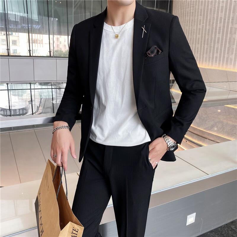 White gray building suit suit men's spring and autumn slim fit Korean version men's business casual suit two-piece business suit interview suit white-collar work suit groom best man wedding dress banquet