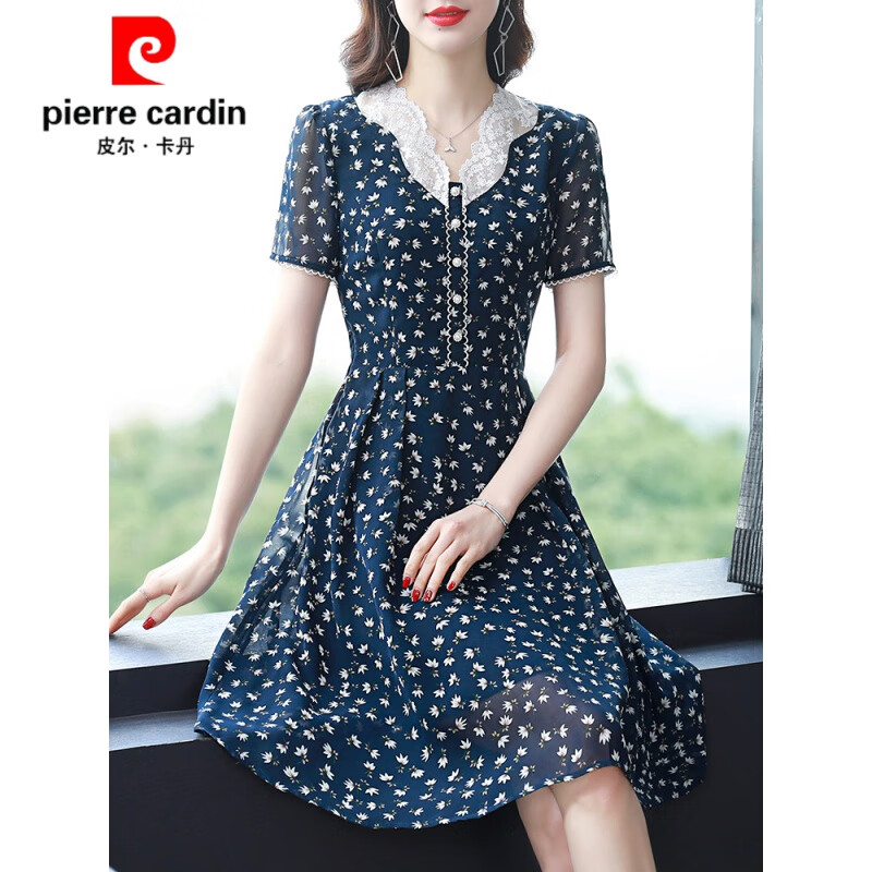 Pilkadan official high-end brand women's Chiffon women's dress summer dress 2022 new lace splicing temperament printed skirt short sleeve slim skirt summer knitting