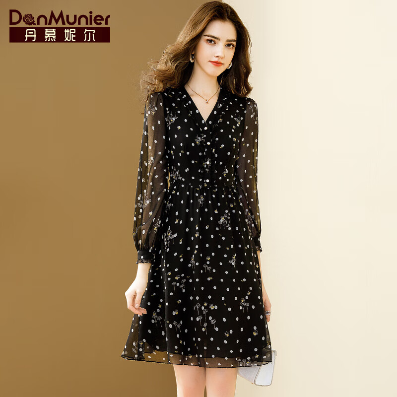 Damonier Black Polka Dot Chiffon dress women's spring and summer 2022 new V-Neck long sleeve medium length skirt