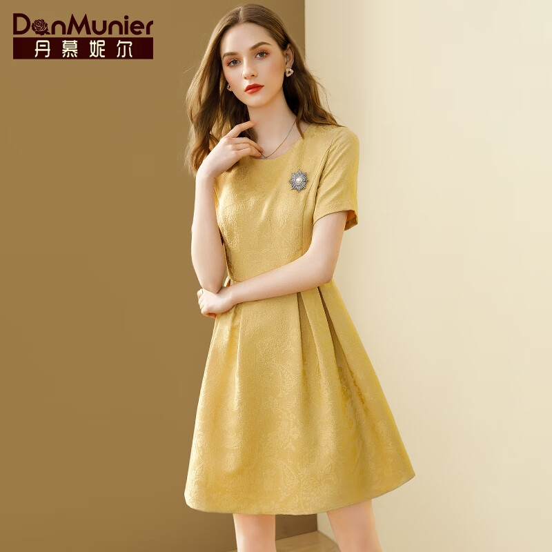Damonier heavy industry Jacquard Dress women's short sleeve 2022 spring and summer new style temperament round neck waist closing medium length skirt