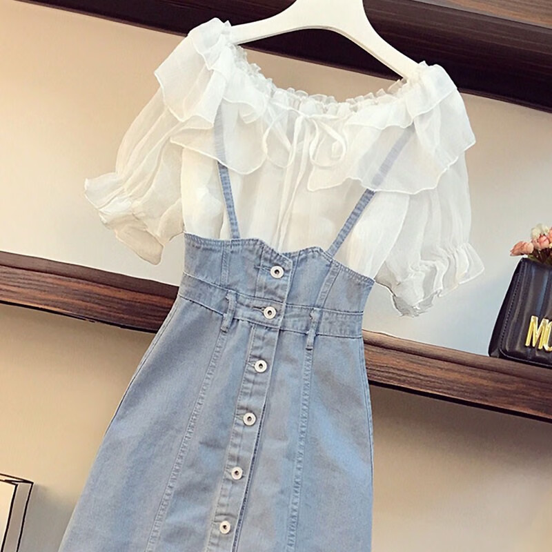 Double close attachment denim skirt suit women's new summer women's dress covering the stomach and showing thin one shoulder chiffon coat dress two-piece suit skirt