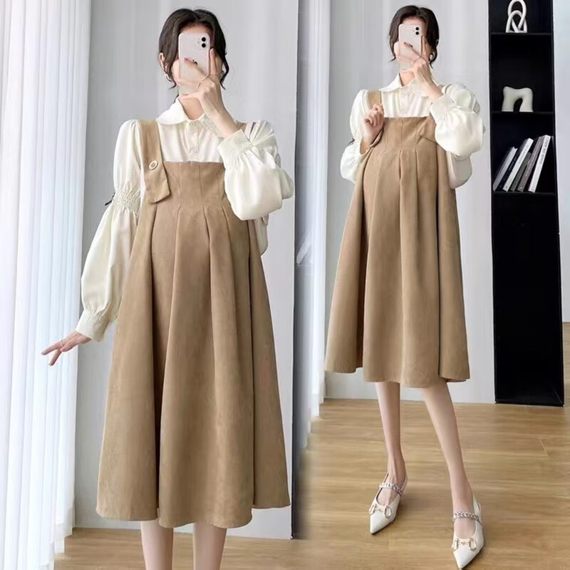 Ranqiqi pregnant women's clothes spring and autumn new style suit fashion long sleeved shirt + suspender skirt loose trendy mother foreign style pregnant women's suit spring style Ranqiqi pregnant women's clothes spring and autumn new style suit fashion long sleeved shirt + suspender skirt loose trendy mother foreign style pregnant women's suit spring style
