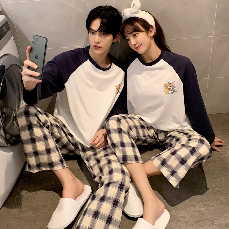 Pinkdackeb couple pajamas female spring autumn winter cotton long sleeve cute student cartoon plaid pants men's home suit Pinkdackeb couple pajamas female spring autumn winter cotton long sleeve cute student cartoon plaid pants men's home suit