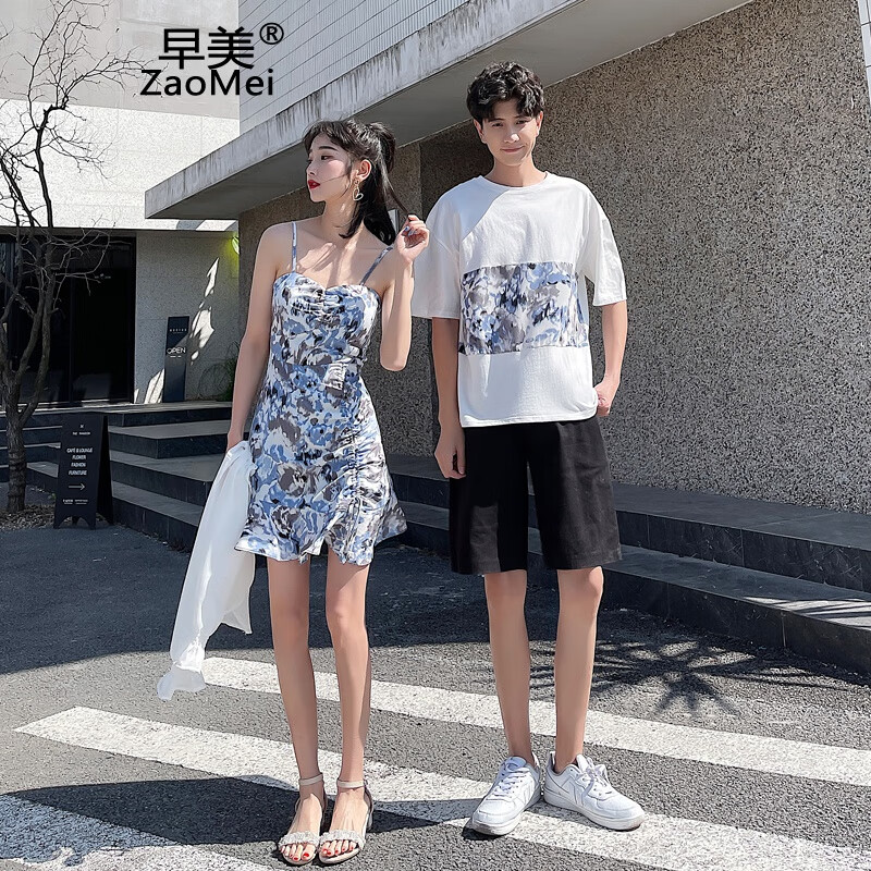 Early beauty different lovers' clothes summer 2022 new ink painting suspender top summer lovers t-shirt female French broken flower minority design sense drawstring short sleeve female student trend