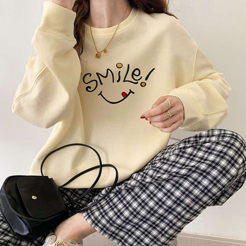 Pincai sweater women's round neck long sleeve smiling face printing trend 2022 Korean loose spring top pw21w51