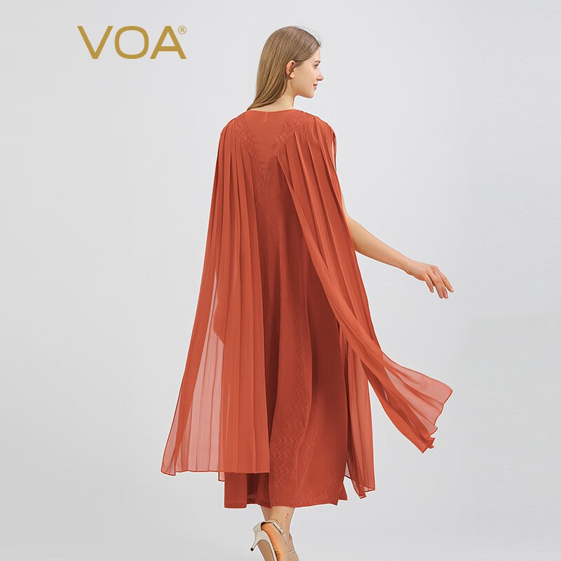 VOA jacquard mulberry silk red round neck stitched Georgette loose, refreshing and breathable lady silk dress ae1377