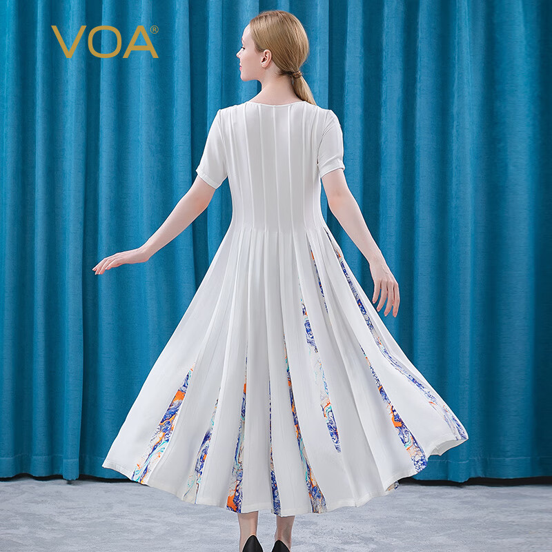 Voa30 mm heavy silk milk white round neck short sleeve pleated print contrast stitching large swing temperament dress ae538