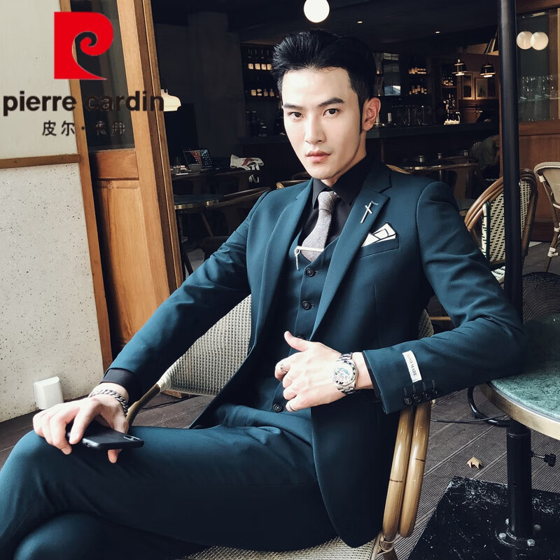 Pierre Cardin formal dress men's one set of dark green suit men's ruffian handsome 2021 new spring and autumn slim fit Korean business suit three piece suit fashion knitting