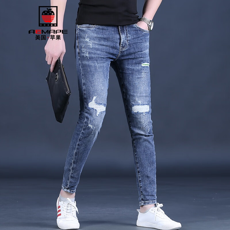 Aemape Apple Capris men's pierced jeans summer trend slim fit 9-point small foot thin casual pants new men's pants
