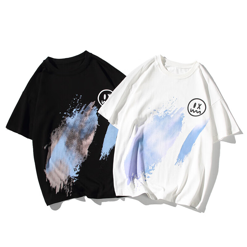 Joesraw official national fashion men's co branded short sleeved t-shirt men's summer smiling face graffiti printed five sleeved T-shirt couple's loose breathable bottoming shirt heavy weight T-shirt youth