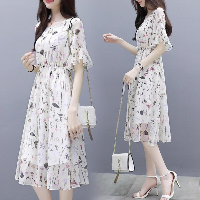 Binxun Chiffon Dress 2022 new summer temperament slim print fairy a word medium length waist cut floral skirt