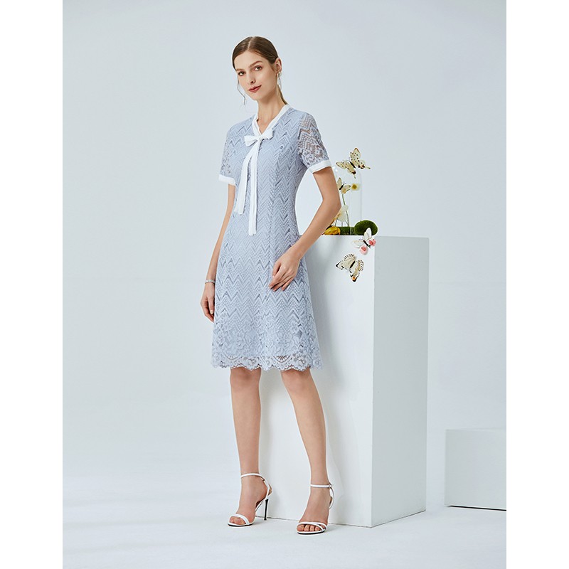 Eitie Aite summer new fashion commuter bow ribbon lace waist A-shaped hook flower dress b2007496