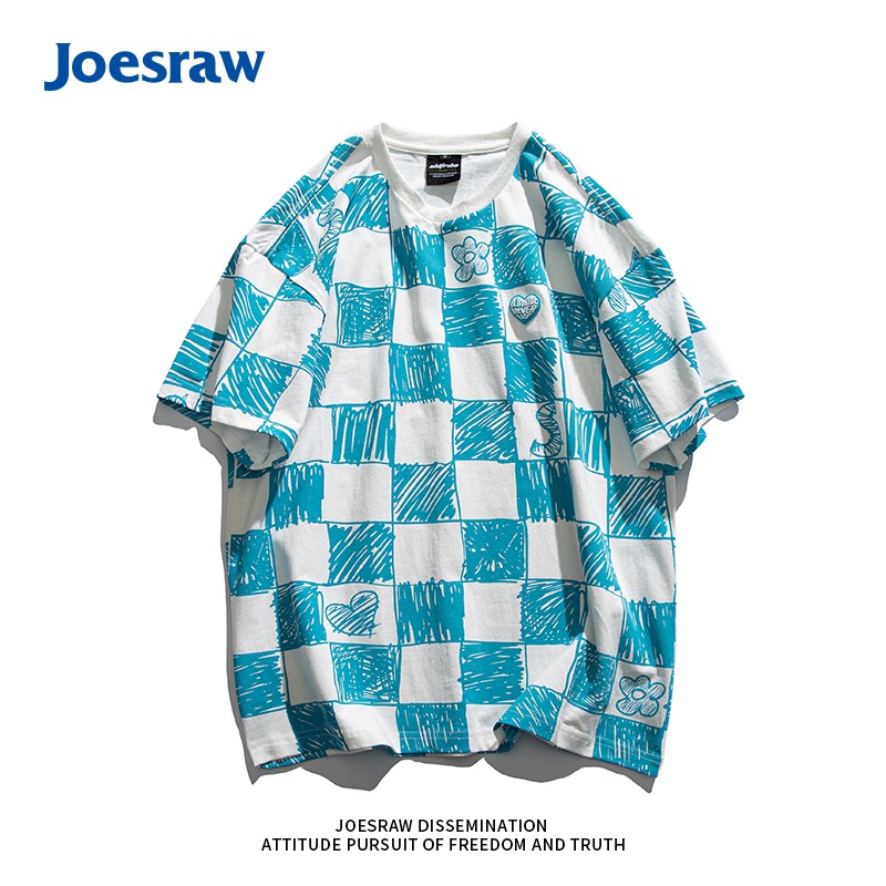 Joeraw official national fashion men's wear joint name heavyweight short sleeve t-shirt men's checkerboard summer couple t-shirt men's half sleeve five point sleeve casual loose breathable bottom shirt men's summer