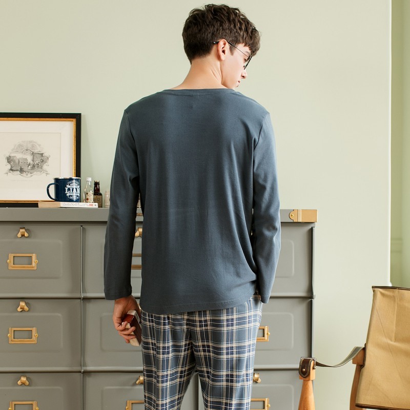 Fenton pajamas men's cotton soft Plaid style spring long sleeve Pullover English men's home clothes q9981732377 dark grey blue m