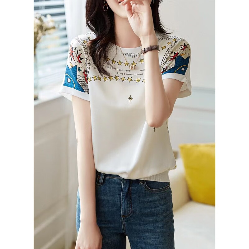 La Chapelle T-shirt women's summer 2022 versatile thin T-shirt printed stitched short sleeved top women's new products