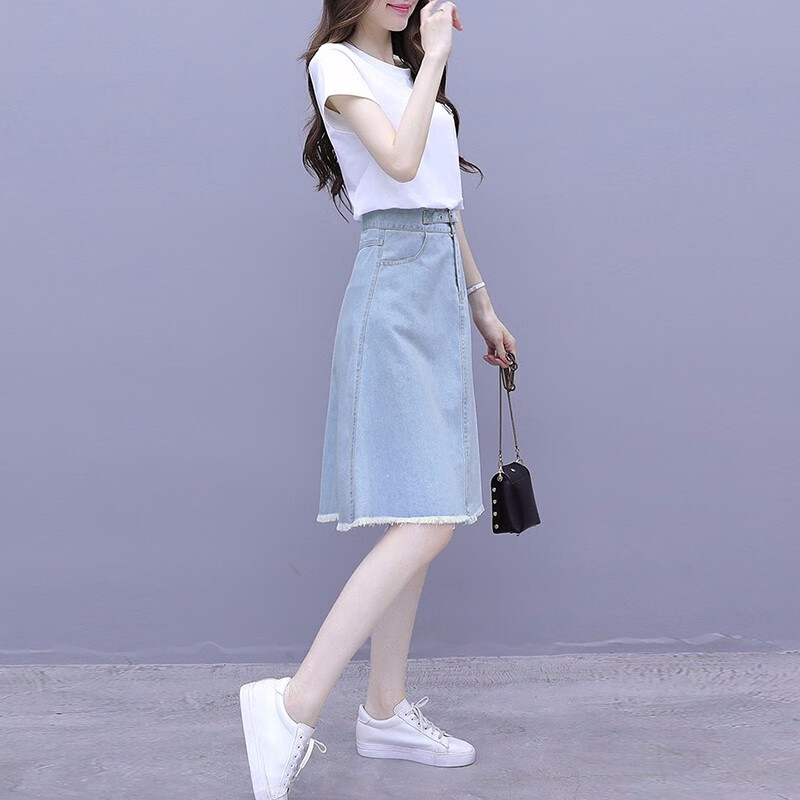 Flower painted 21 year dress women's dress large size spring and summer new two-piece suit skirt women's small Korean loose print denim fashion sexy a-word Short Sleeve Dress Medium Length