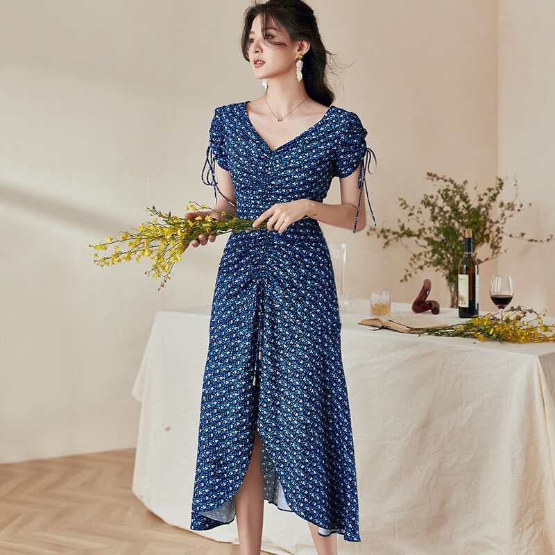 Roeyshouse Luoyi elegant irregular floral dress summer women's new style temperament waist lace up long skirt 02272