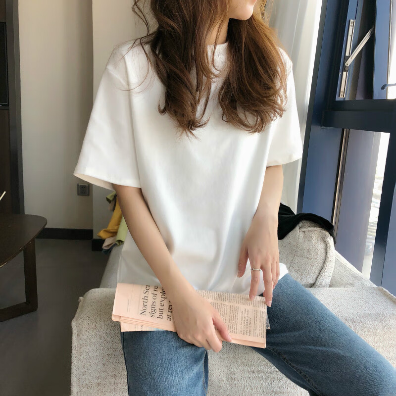 Shemanlai cotton short sleeved T-shirt women's loose 2022 spring and summer Korean version ins simple and versatile printed white half sleeved top with bottom shirt inside student women's wear