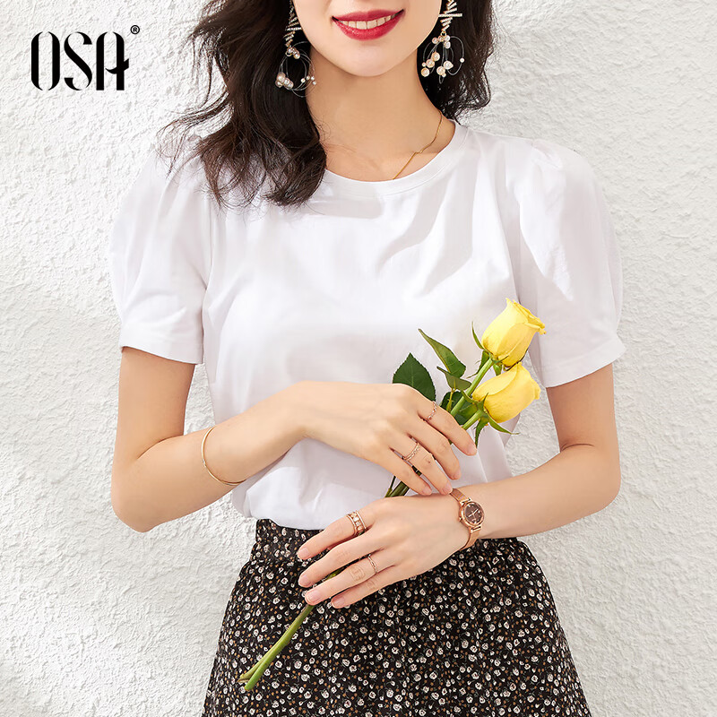 [Summer top goods] OSA OSA pure white bubble sleeve T-shirt women's summer clothes 22 year new Casual Short Sleeve T-Shirt Top