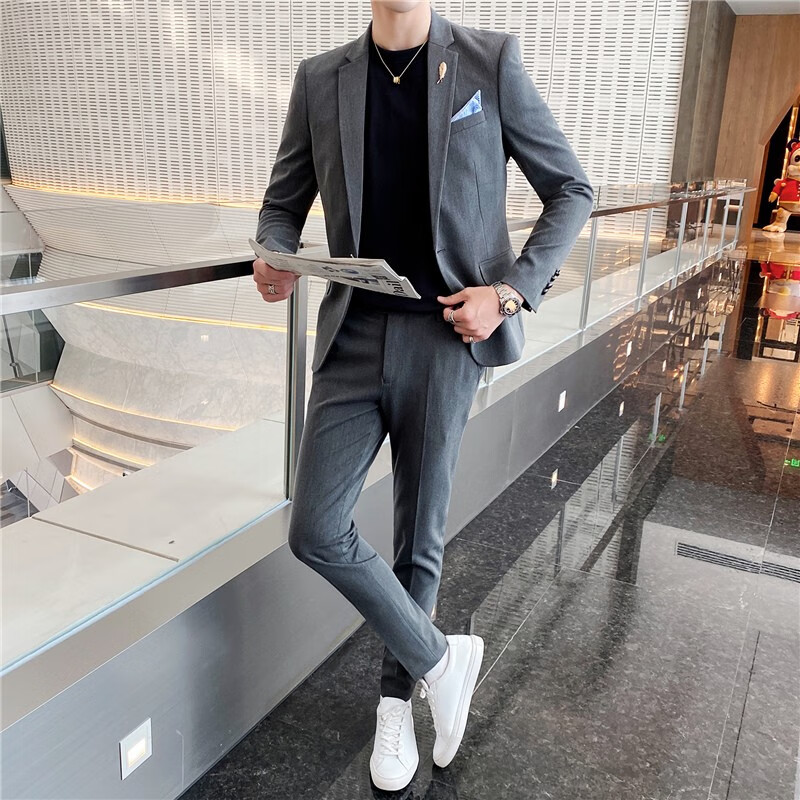 White gray building suit suit men's spring and autumn slim fit Korean version men's business casual suit two-piece suit for professional interview suit white-collar work suit groom best man Wedding Dress Adult banquet