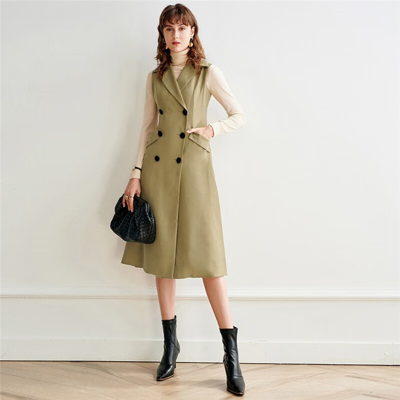 Yanyu double row button sleeveless dress winter clothes new women's Retro thin temperament A-shaped vest skirt