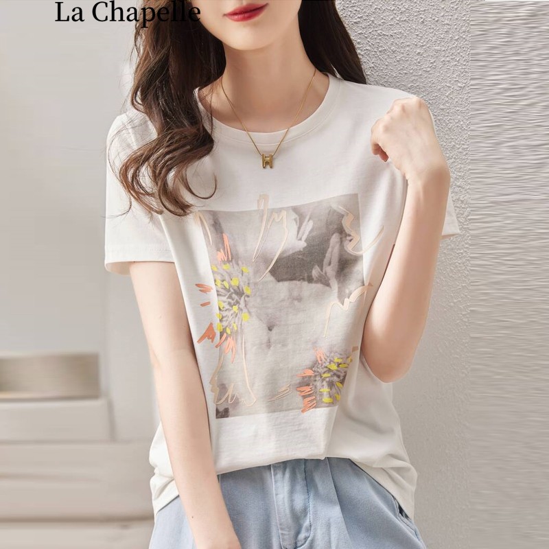 La Chapelle print round neck short sleeve T-shirt women's spring and summer 2022 new loose fashion casual top short sleeve T-shirt women