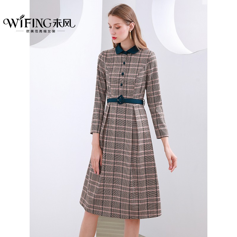 Windless shirt dress women's autumn dress new Plaid professional commuter waist slim European and American long sleeved skirt