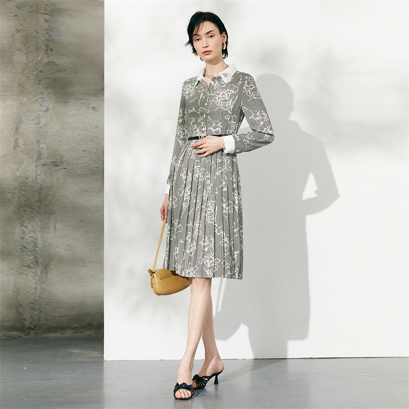 Yanyu retro long sleeve dress women's spring dress 2022 waist closing simple temperament medium and long print skirt