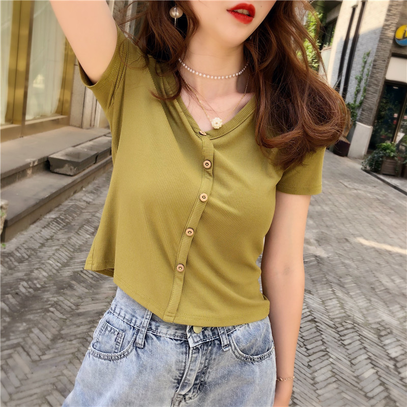 Short t-shirt female V-neck short sleeve loose white summer and autumn solid color Korean student T-shirt high waist top