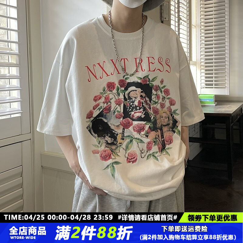 Qijun rabbit tide brand rose short sleeved men's heavy cotton T-shirt design sense ins fashion couple's clothes young students American high street loose and versatile five point sleeve T-shirt Qijun rabbit tide brand rose short sleeved men's heavy cotton T-shirt design sense ins fashion couple's clothes young students American high street loose and versatile five point sleeve T-shirt