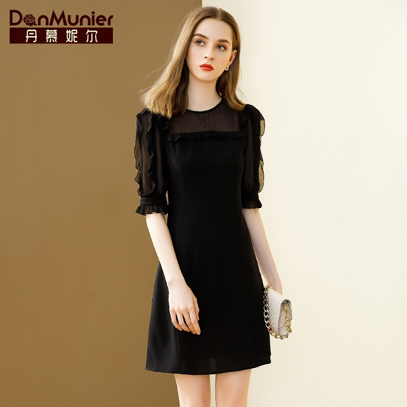 Damonier black chiffon dress women's short sleeve 2022 spring and summer new style temperament fungus edge round neck medium and long skirt