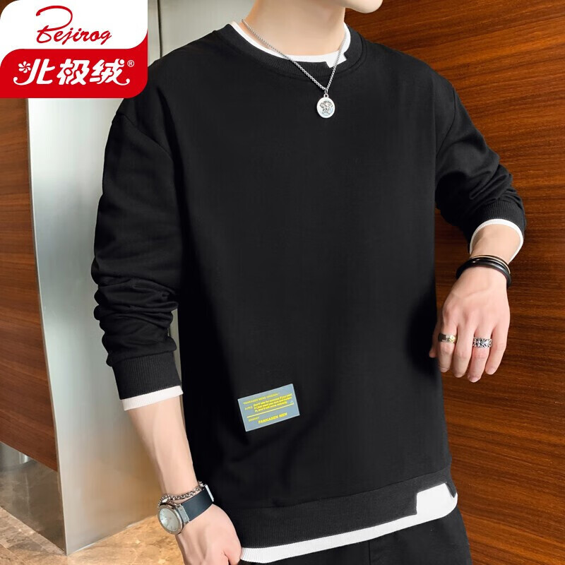Beijirong sweater men's fashion brand leisure leave two-sided long sleeved t-shirt men's loose round neck Pullover Top bottomed shirt men's j15f1231130100