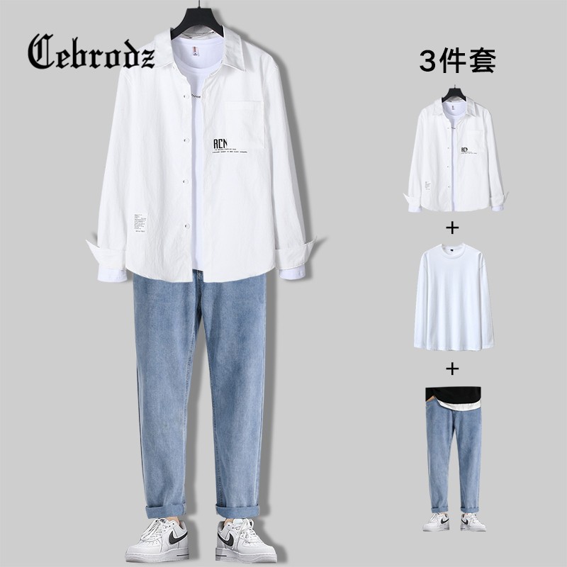 French cebrodz shirt men's 2022 spring new shirt casual suit men's trend three piece suit men's wear one set with handsome clothes