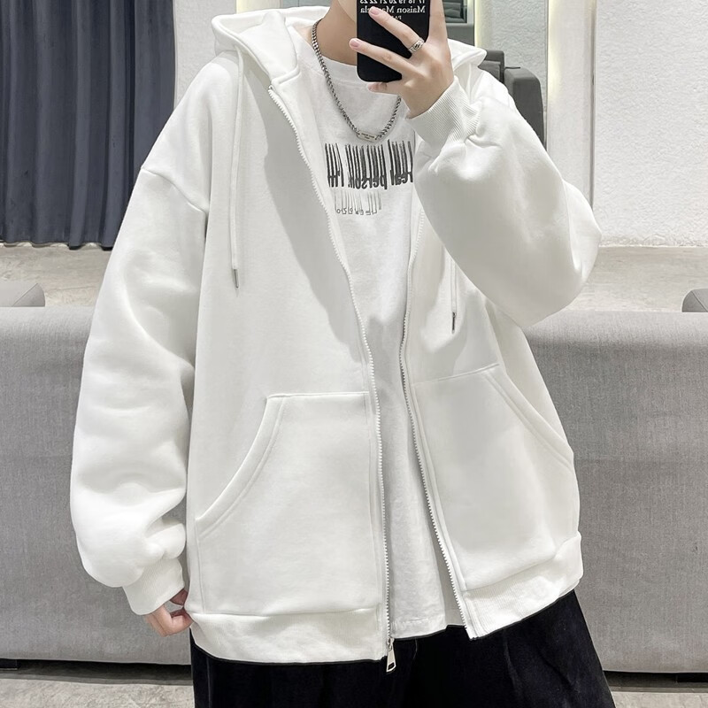Solid color cardigan sweater men's hooded spring and autumn new trendy ins Hong Kong Style loose large zipper hooded youth upper coat