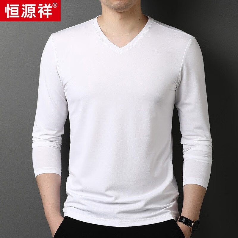 Hengyuanxiang long sleeve t-shirt men's casual solid color V-neck autumn trend bottoming shirt men's middle-aged and young people ice silk top 15808500