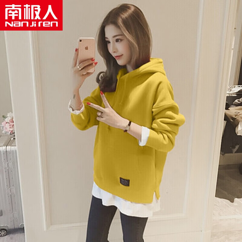 Antarctica hooded women's spring and autumn loose women's clothing 2022 new women's Korean version fashion contrast color splicing fake two-piece Pullover Top spring new women's clothing