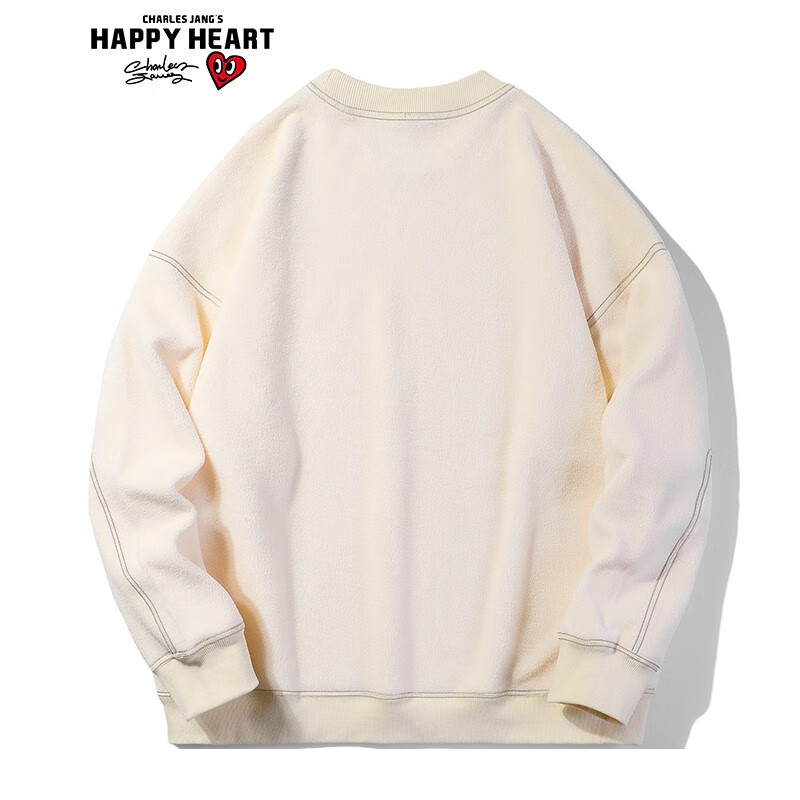 Happy heart Charles peach heart sweater for men and women pure color love logo basic leisure round neck elastic flannel sweater for men and women the same Beige 2XL