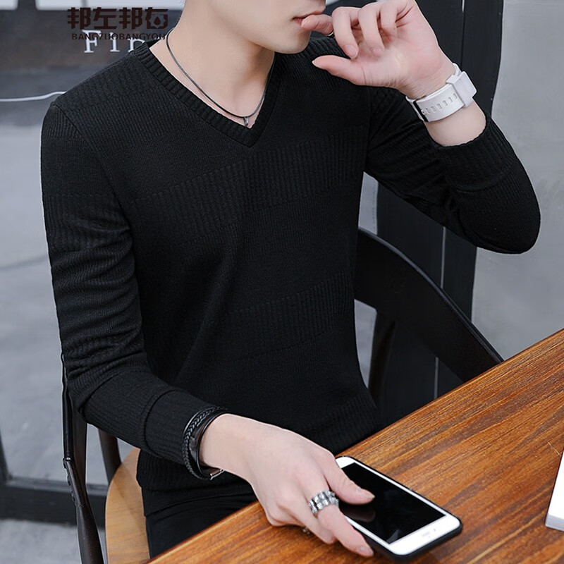Bangzuo BANGYOU spring and autumn winter long sleeved t-shirt men's trend V-neck casual T-shirt men's clothing young students versatile sweater with plush thickened warm bottoming shirt