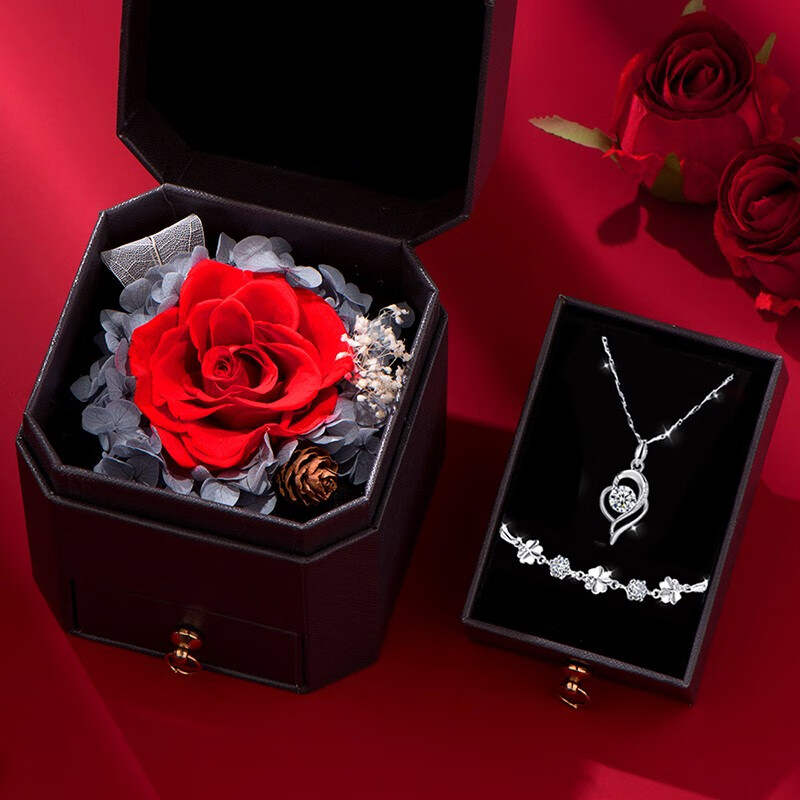 桑玛项链玫瑰永生花礼盒，送女朋友表白惊喜礼物