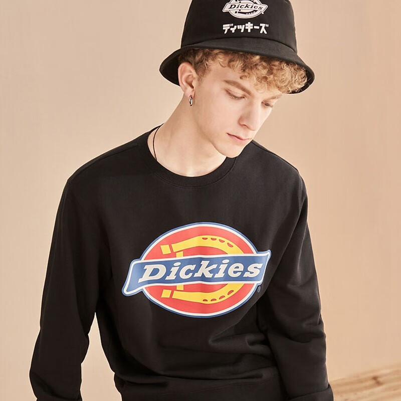 Dickies autumn new couple logo large print round neck sweater men's and women's same sweater men's dk007059 black