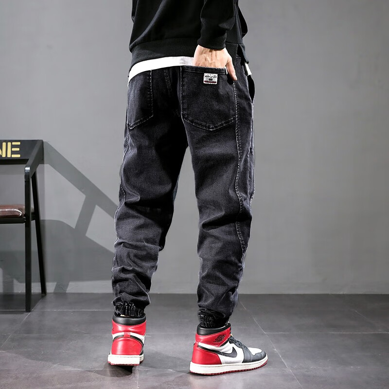 Gu xiansen black legged jeans men's loose spring new Harlan pants men's Leggings men's elastic fat man large elastic boy fat man elastic waist spring and autumn fashion brand casual pants