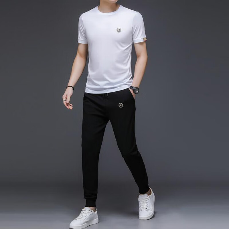 Your high-end men's clothing Hong Kong Light luxury fashion brand 2022 new simple solid color high-end men's round neck short sleeve T-shirt trousers sports leisure two-piece suit