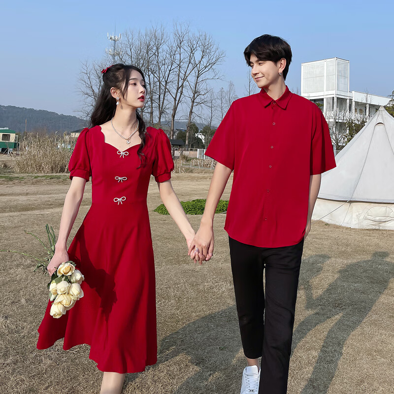 Fgacct couple's summer short sleeve T-shirt set 2022 summer new Korean lady temperament loose half sleeve bubble sleeve Jumpsuit women's dress one man and one woman marriage registration