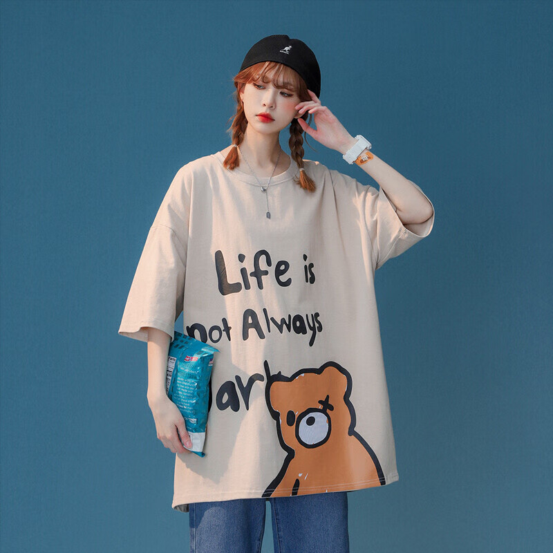 Tide path bear graffiti short sleeved women 2022 summer new hiphop high street ins tide brand T-shirt women's design sense of minority loose girls' half sleeved clothes